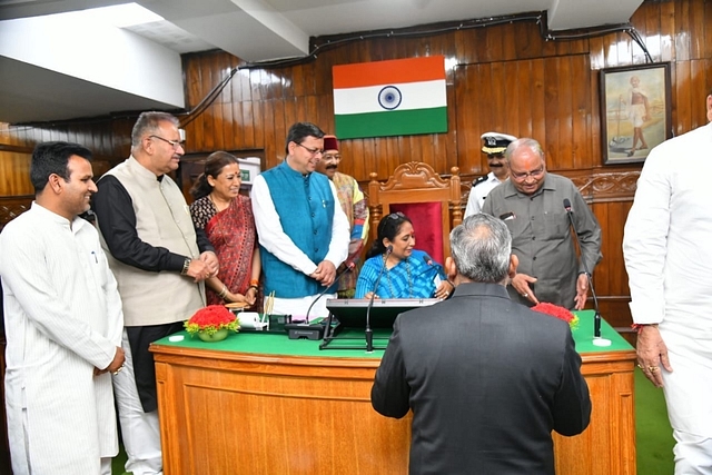 BJP MLA Ritu Khanduri (sitting on the chair) was elected unopposed to the Uttarakhand Assembly Speaker post (Pic Via Twitter)