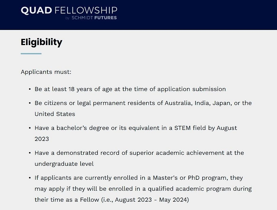 Eligibility criteria for the Quad Fellowship.