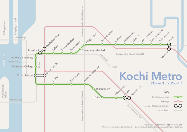 Kochi Metro Phase 1 Map (Wikipedia)