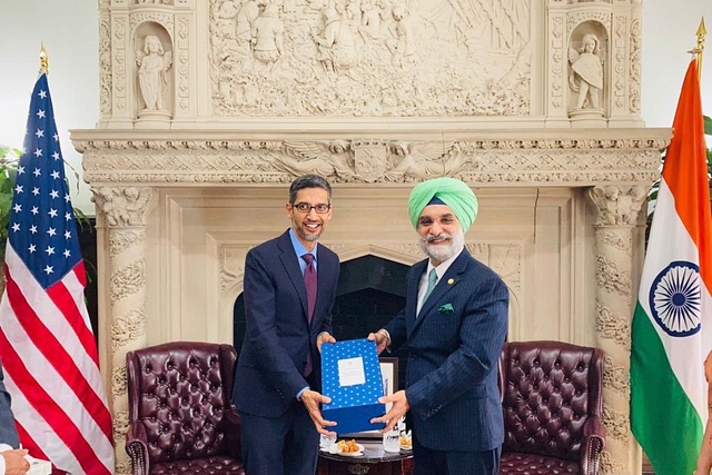 Google CEO Sundar Pichai with Indian Ambassador to US T S Sandhu (Pic Via Twitter)