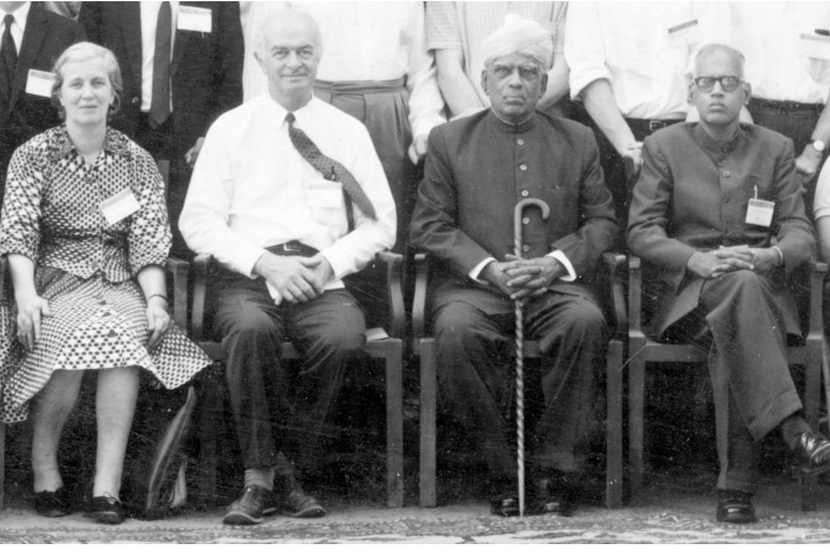 Left to Right: Dorothy Hodgkin, Linus Pauling, Padma Vibushan A.L.Mudaliar, G.N.Ramachandran 1967: International Symposium on Conformation of Biopolymers, Organized by GNR at Madras.
