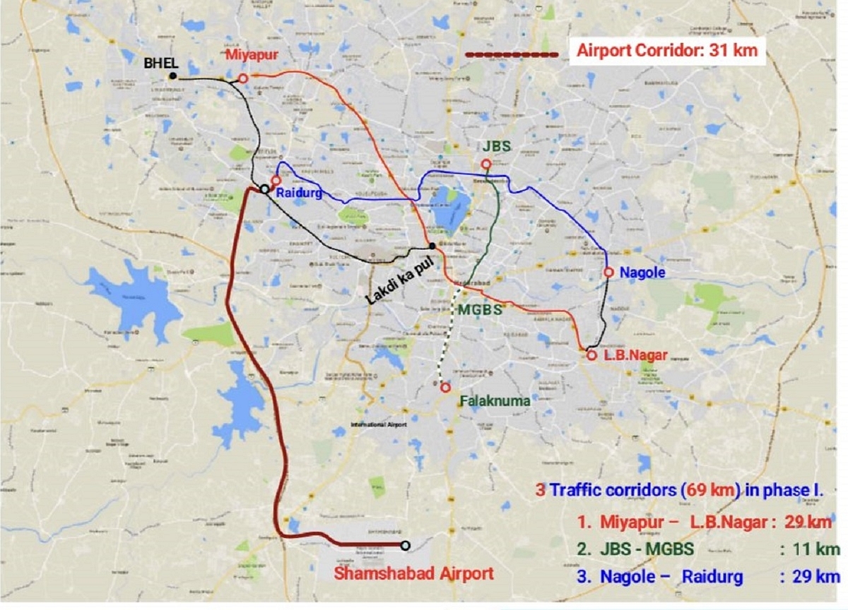 Alignment of Hyderabad's Airport Metro Line, in brown colour (HMRL)