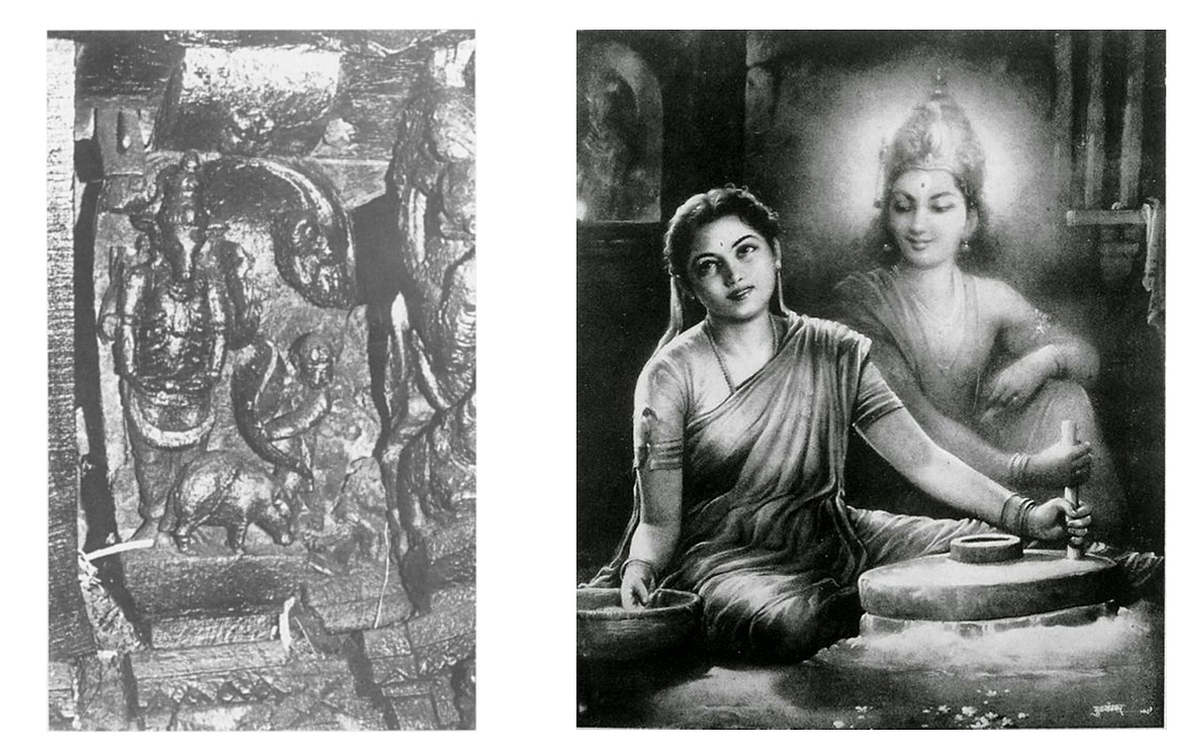 Left - Siva as Mother feeding piglets.
Right - Sri Krishna assumes the form of Sakku bai and does house chores.