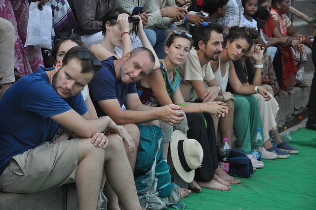 Foreign tourists at Tulsi Ghat  in Varanasi, India. (Rajesh Kumar/Hindustan Times)