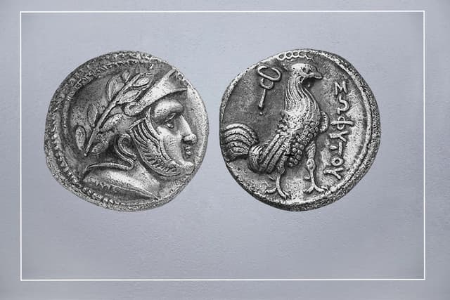 Cockerel on the reverse of Sophtes coin (around 300 BCE) - influence of Skanda from Indian culture?