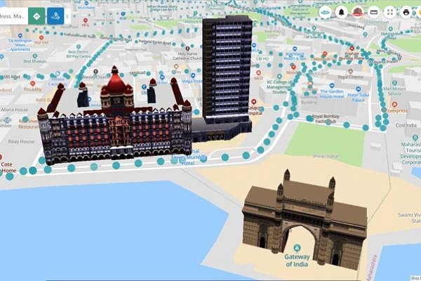 The Mappls tool from MapMyIndia offers maps with 3-D views – shown here, the Gateway of India and Taj Mahal Hotel in Mumbai.