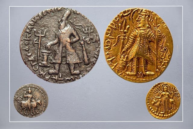 Left: Coin of
Vima Kadphises father of Kanishka Right: Coin of Kanishka : Both show the rulers offering into fire pit with Trishul