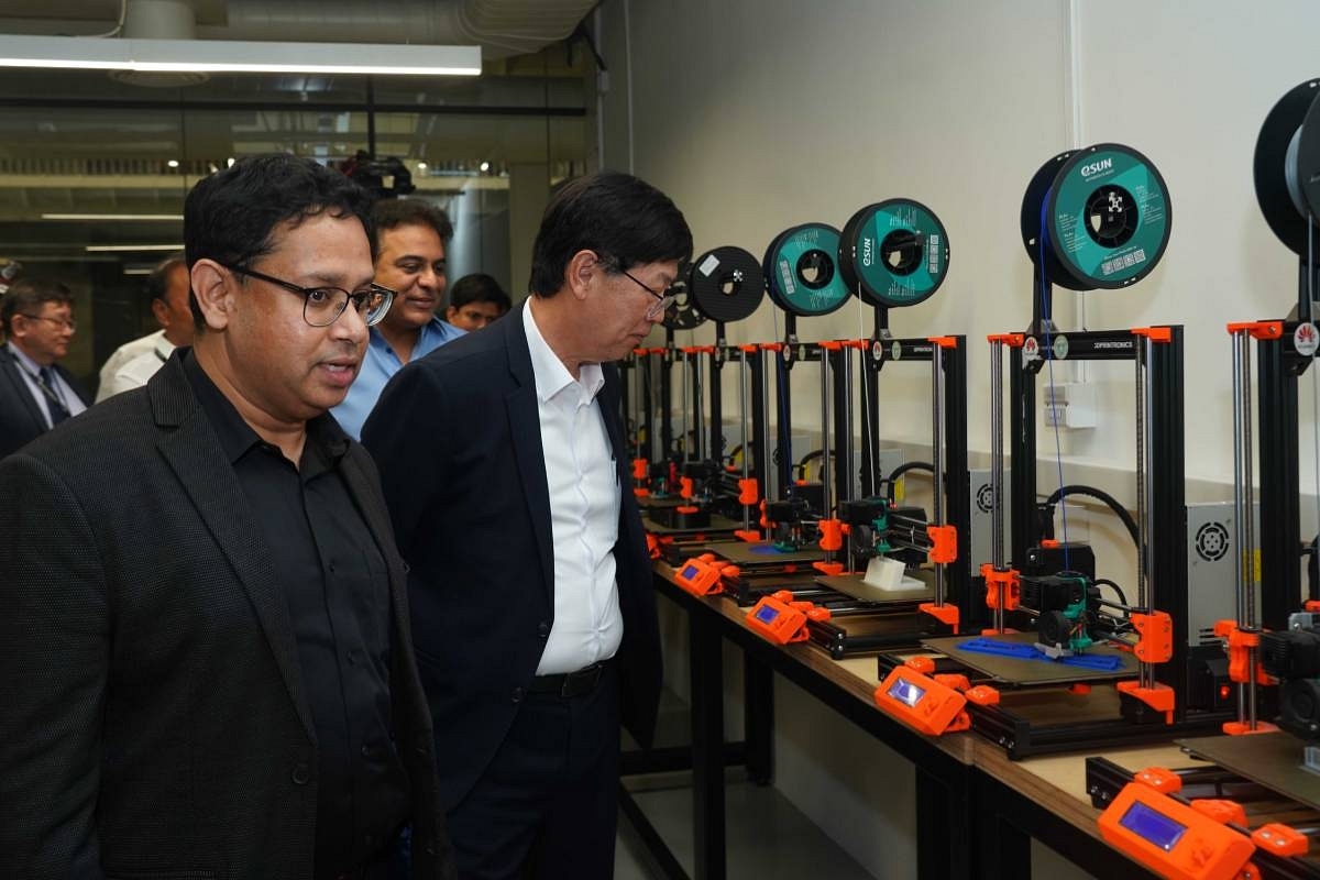 Foxconn CEO Young Liu inspecting an assembly line in the T-Works hardware prototyping centre in Hyderabad.