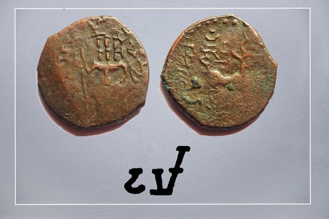 Yaudheya coin: six-headed Skanda and in the reverse a deer and with the legend 'Dharma...'