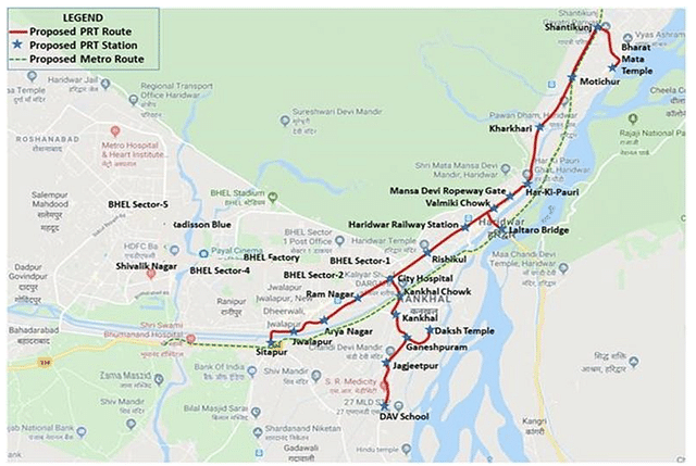 Map showing the Proposed PRT Corridors in Haridwar city.