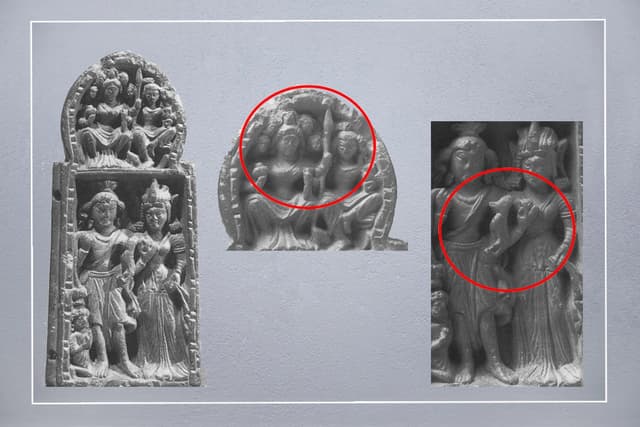 Gandhara style shrine : Sashti and Skanda (also perhaps Devasena and Skanda)
