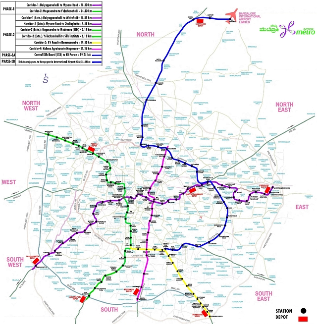 Bengaluru Phase - 1, 2, 2A and 2B map (BMRCL)
