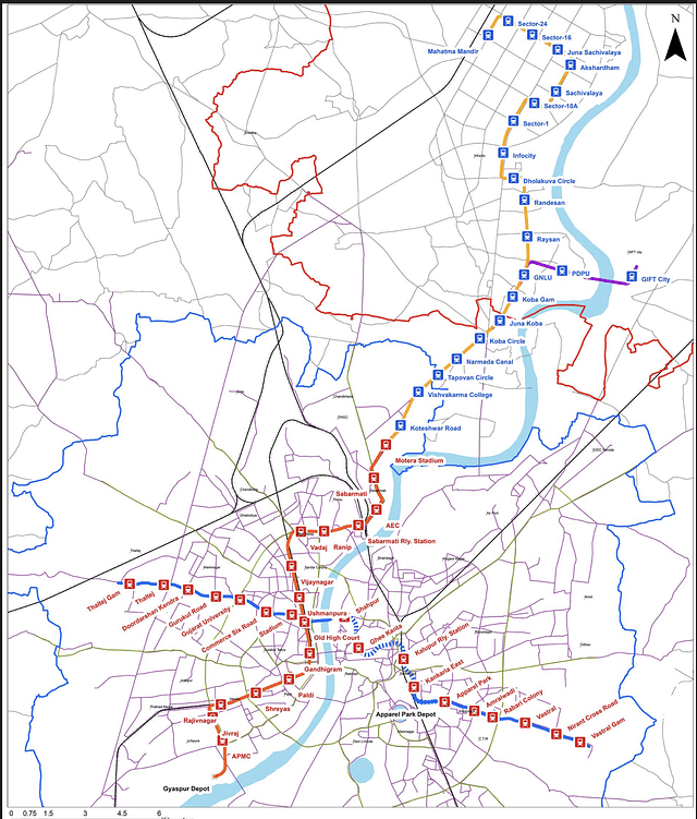 Phase-II of Ahmedabad Metro (shown in Yellow and Purple)