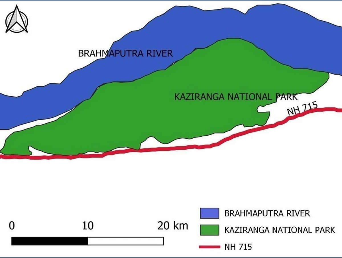 Map showing NH 715 (earlier NH 37) traversing through Kaziranga-Karbi-Anglong Landscape (WII)