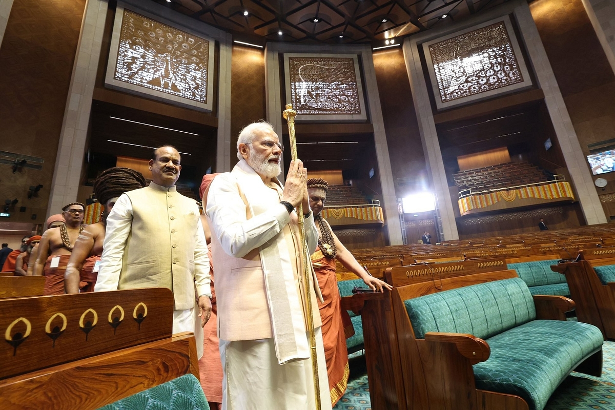 Prime Minister Narendra Modi with the 'sengol' in the new Parliament