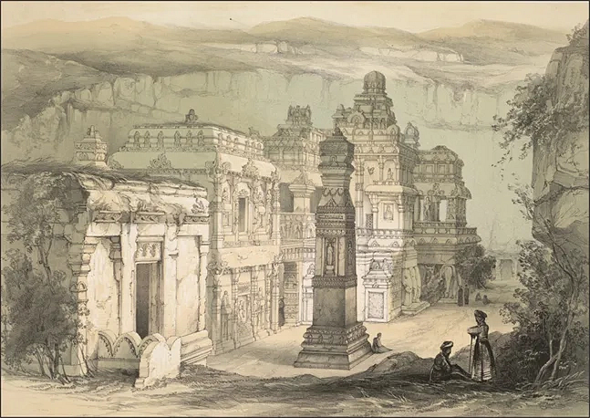 Kailasanath Temple Ellora. James Fergusson’s Illustrations of the Rock Cut Temples of India. Lithograph by Thomas Colman Dibdin, 1839