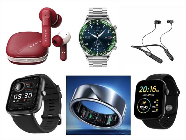 Recently launched Indian wearables. Clockwise from top left: W40 from Boult, Monarch from Crossbeats, Khakhi-3 from U&I, Active T from Cult.sport, Luna Ring Noise and Reflect Ace from pTron.