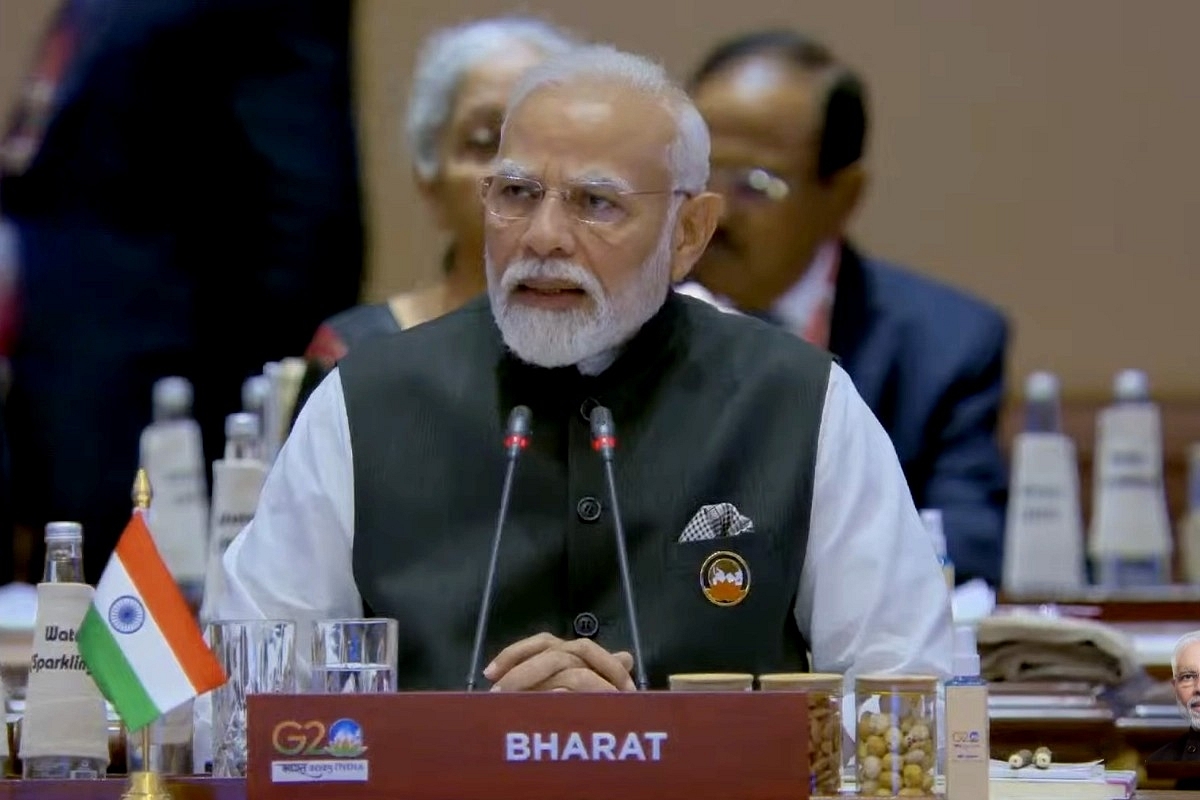 PM Modi Addresses First Session Of G20 Sitting Behind 'Bharat' Country-Plate