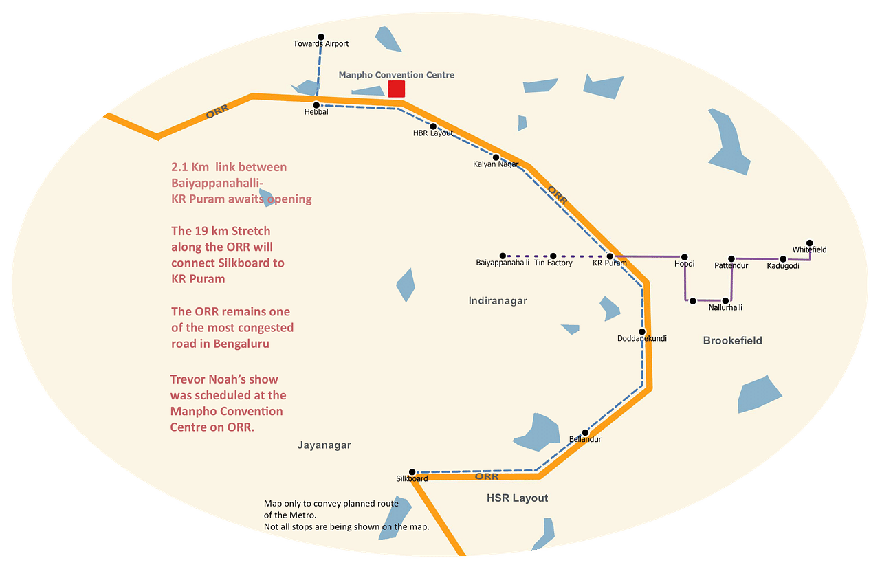 Representation of the proposed metro routes along the ORR and surrounding regions in Bengaluru. (Map not to scale)