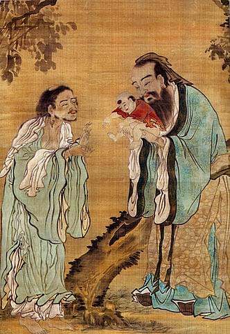 Confucius handing over an infant Buddha to Laozi