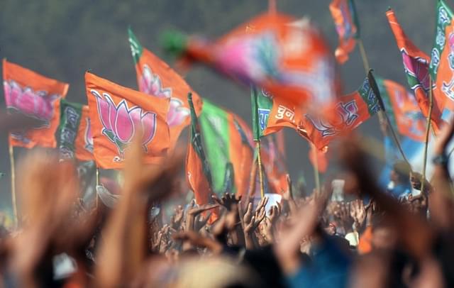 BJP flags at an election rally. (GettyImages)