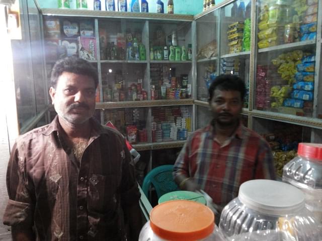 Mohammed Noor Alam (left) will vote for Lalu-backed Nitish while Chunnu Prasad will vote for Modi’s BJP, these shopkeepers in Motihari said. They also said they were friends despite their political differences.