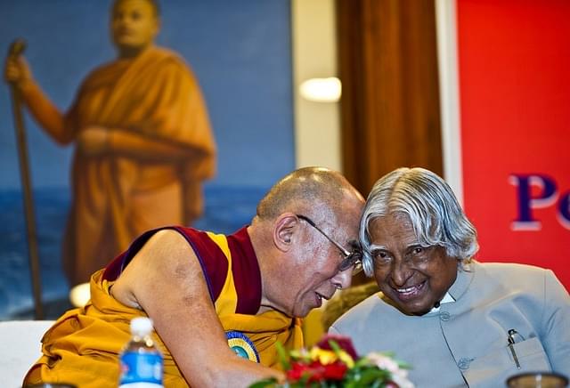 Dr Kalam (R) with the Dalai Lama in an event to mark the birth anniversary of Swami Vivekananda in 2012. (Credits: AFP PHOTO/ MANAN VATSYAYANA)