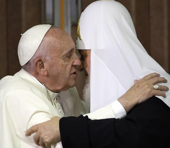 Pope Francis and head of the Russian Orthodox Church, Patriarch Kirill embrace during a historic meeting in Havana (Photo credit- GREGORIO BORGIA/AFP/Getty Images)