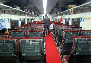 Interior of an air-conditioned Chair Car coach(CC) in an Jan Shatabdi Express