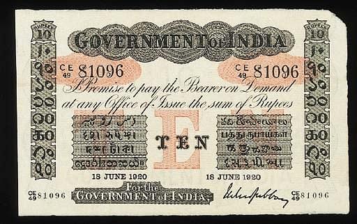 British Indian ten rupee note