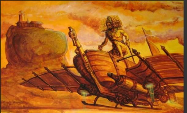 A depiction of the Pushpaka Vimana with Ravana.