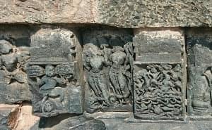 Scenes from Ramayana. Panel on Left shows Hanuman lifting the Sanjivani mountain and panel on right shows the RamaSetu construction.
