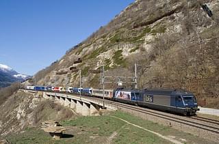 Train carrying trucks; Switzerland
