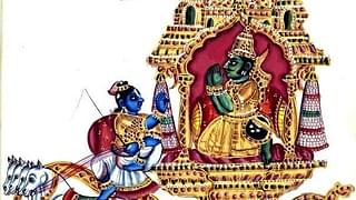 A painting depicting Krishna and Arjuna.