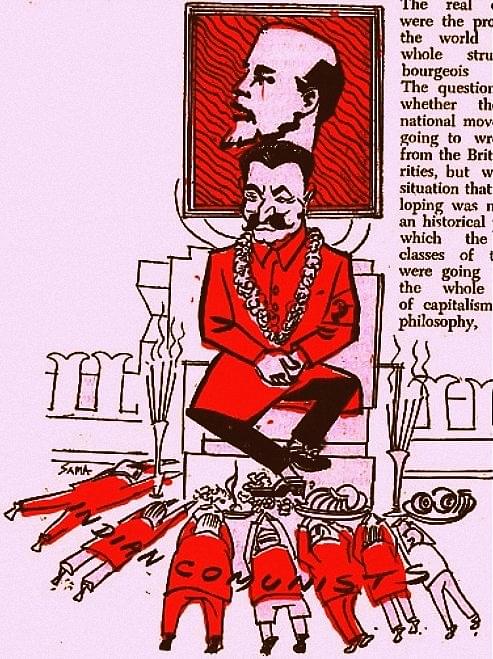 Indian communists worship at the feet of Stalin. Notice the bananas and agarbattis! Published January 1968.