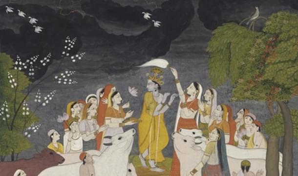 A painting depicting Krishna celebrating the rains 