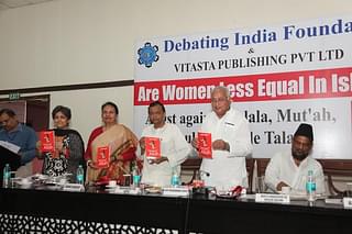 (From L to R) Publisher Renu Kaul, author Noor Zaheer, Islam-to-Hinduism convert Mahendra Pal Arya, scholar Arif Mohammad Khan, Mufti Maqsood ul Qasmi and (not in the frame) feminist Annie Raja