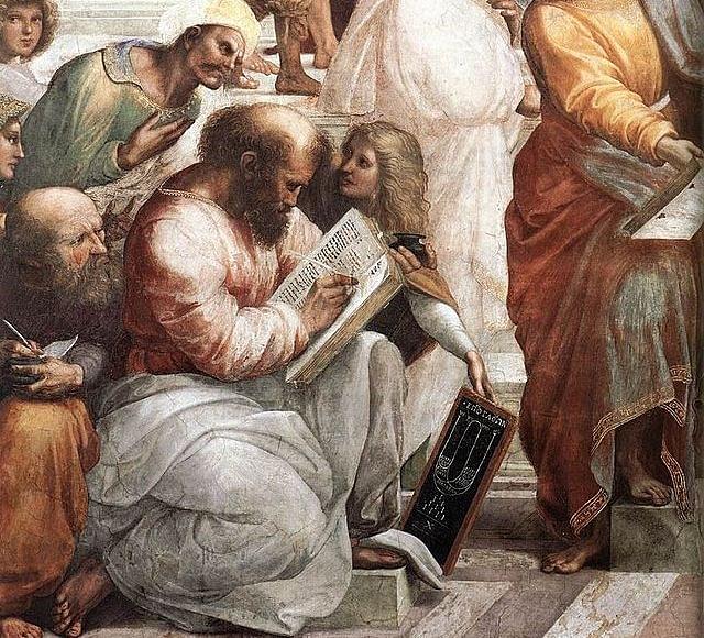 Pythagoras, the man in the center with the book, teaching music, in The School of Athens by Raphael