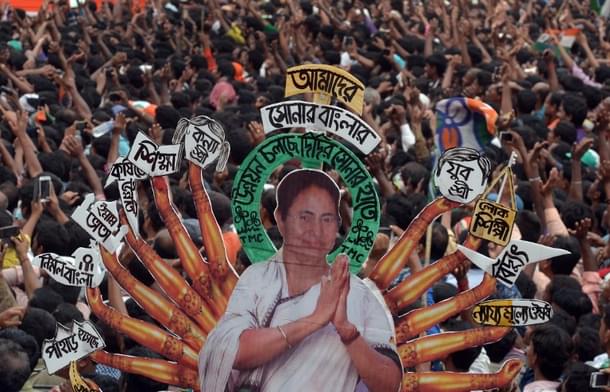 A Mamata Banerjee cut-out at a Trinamool public meeting. AFP PHOTO/ Dibyangshu Sarkar