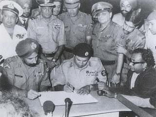 Pakistan signing the instrument of surrender: Seen here, standing to the left of Niazi, is JFR Jacob
