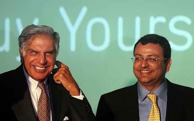 

Tata Sons chairman, Ratan Tata (L) interacts with deputy chairman of Tata Sons, Cyrus Mistry during a function to launch the new Croma e-retail store, in Mumbai on April 23, 2012. India’s leading Tata conglomerate group on April 23 announced the online foray of its consumer electronics retail stores Croma, in the presence of the group’s successor-in-waiting Cyrus Mistry. AFP PHOTO/Punit PARANJPE (Photo credit: PUNIT PARANJPE/AFP/Getty Images)