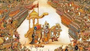 Krishna and Arjuna in the battle of Kurukshetra.