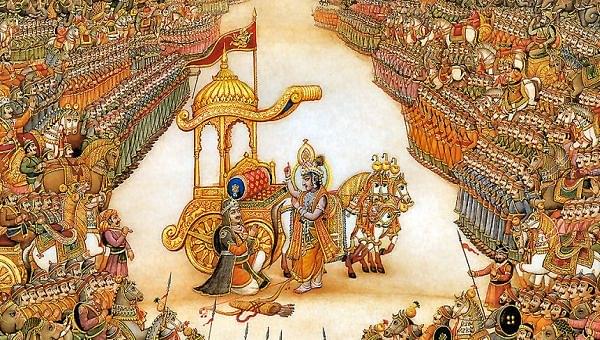 Krishna and Arjuna in the battle of Kurukshetra.