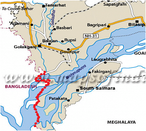 A map of Dhubri with the red dots showing the area where Brahmaputra enters Bangladesh and which is one of the major areas from where illegal infiltration happens and often in country boats<br clear="none" />source: www.mapsofindia.com