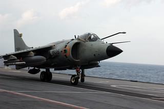 An Indian navy Sea Harrier on the deck of INS Virat.