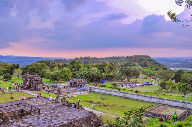 <b><i>Ratu Boko Palace – clockwise from left – Candi Pembakaran, iconic gates of Ratu Boko, terrace walls and stone pedestal.</i></b>