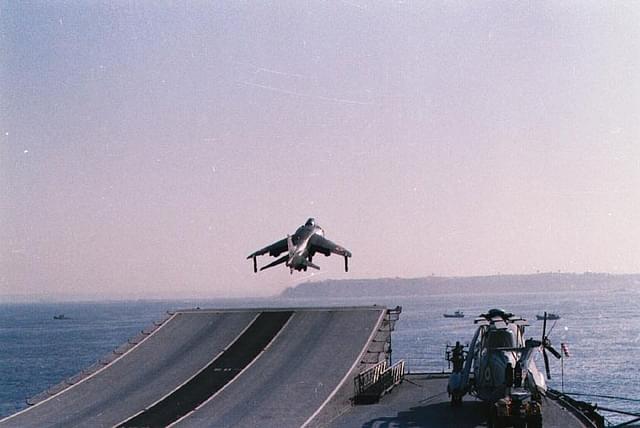 An Indian Navy Sea Harrier Taxes From INS Virat