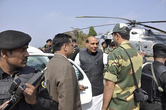 Home Minister Rajnath Singh arrives at the India-Bangladesh fence of the Border Security Force (BSF) border outpost at Khantlang, 254 kms north of Agartala. (ARINDAM DEY/AFP/Getty Images)
