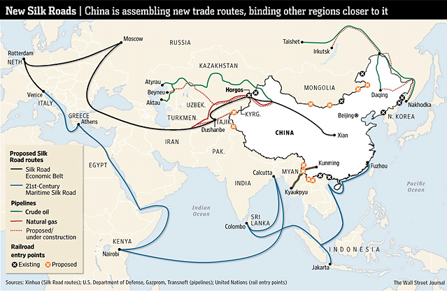 
















Figure 1: One Belt, One Road initiative, Source: <a href="http://www.wsj.com/articles/chinas-new-trade-routes-center-it-on-geopolitical-map-1415559290">http://www.wsj.com/articles/chinas-new-trade-routes-center-it-on-geopolitical-map-1415559290</a>



