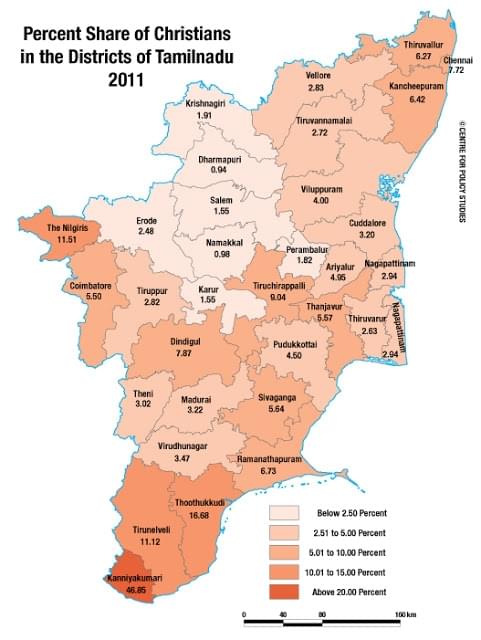 Christians in Tamil Nadu have a presence of more than two and a half percent in all districts, except Krishnagiri, Dharmapuri, Salem, Namakkal, Karur and Perambalur. In the rest of the State, Christians have a non-negligible presence everywhere.